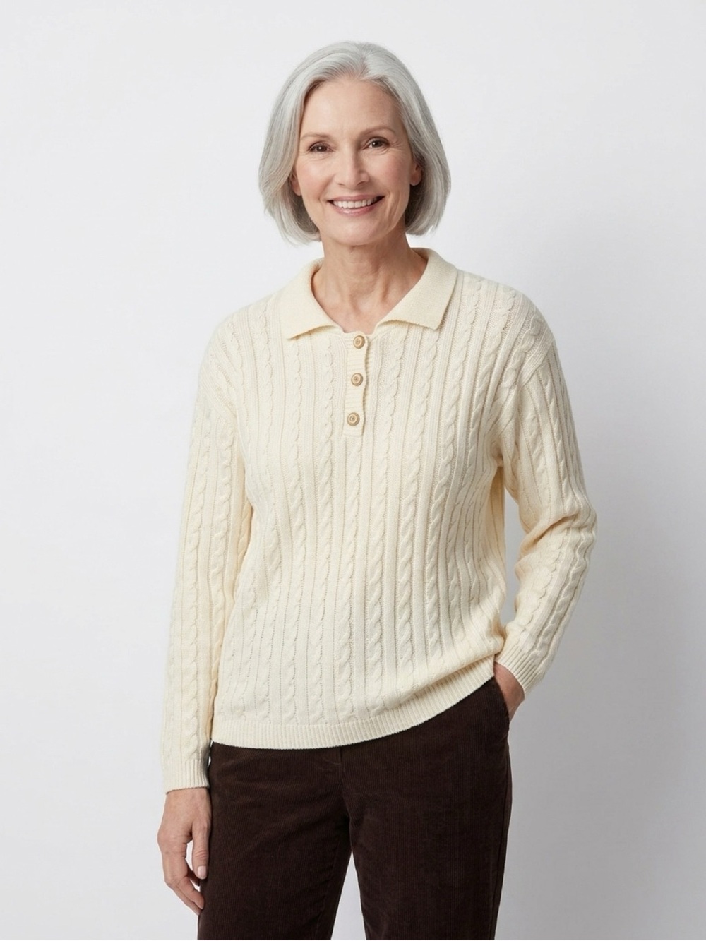 Alfred Dunner Women’s Cream Cable-Knit Polo Sweater Size 2X